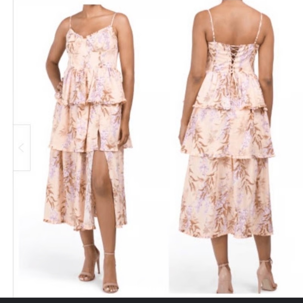 House of Harlow 1960 Floral Tiered Midi Dress in Cream and Purple medium